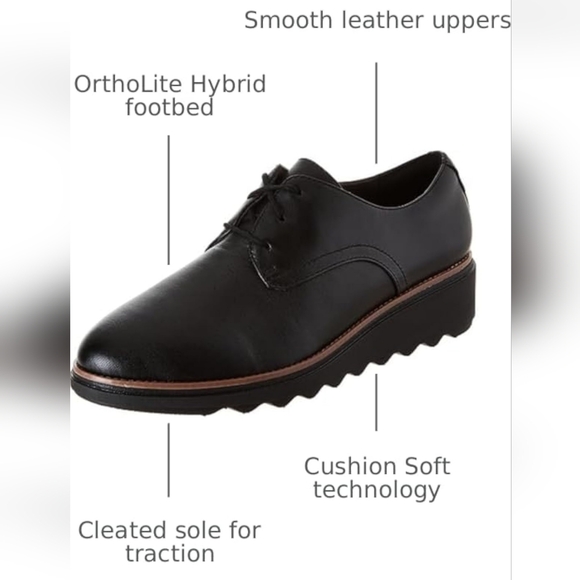 Clarks SHARON RAE Lace Up Black Leather Wedge Comfort Oxford Shoes Women's 9.5 - Picture 2 of 16